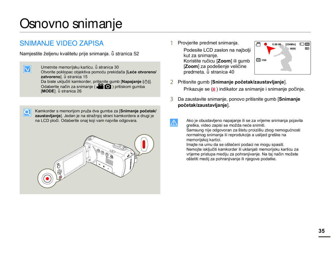 Samsung SMX-F70BP/EDC manual Osnovno snimanje, Snimanje Video Zapisa, Kut za snimanje, SRþHWDNDXVWDYOMDQMH 