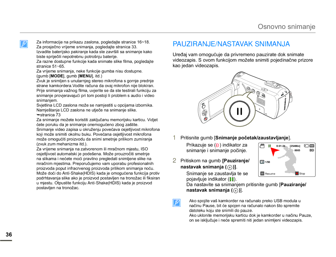 Samsung SMX-F70BP/EDC manual PAUZIRANJE/NASTAVAK Snimanja, NdrMhgdqYlghrdslv, VQLPDQMHLVQLPDQMHSRþLQMH 