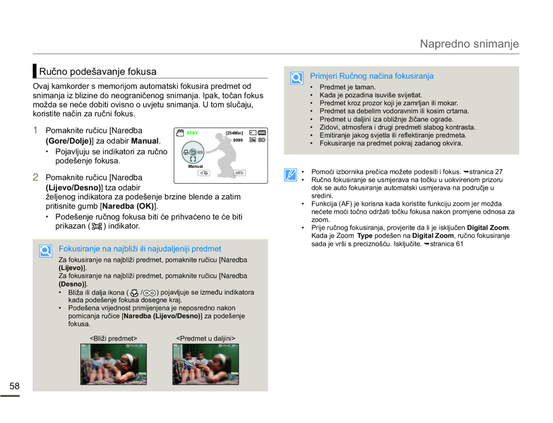 Samsung SMX-F70BP/EDC manual 5XþQRSRGHãDYDQMHIRNXVD, 3RMDYOMXMXVHLQGLNDWRULDUXþQR SRGHãHQMHIRNXVD 