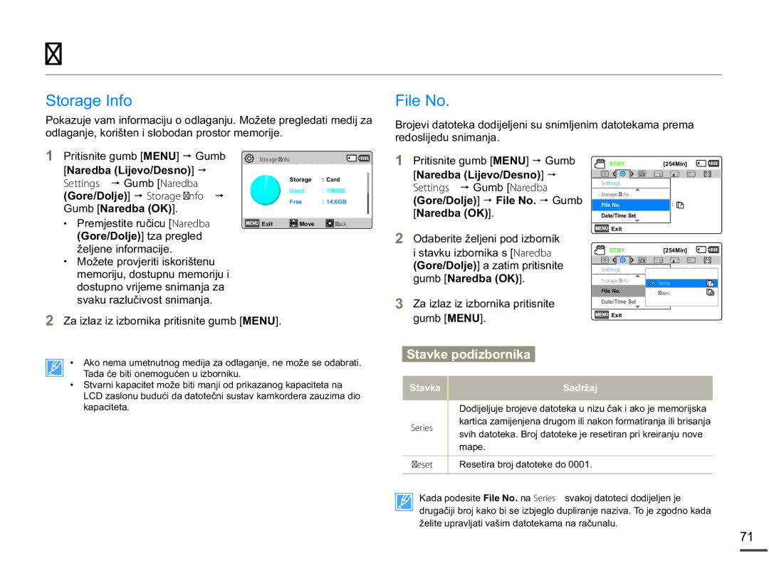 Samsung SMX-F70BP/EDC manual Ostale postavke, 6WRUDJH,QIR, File No 