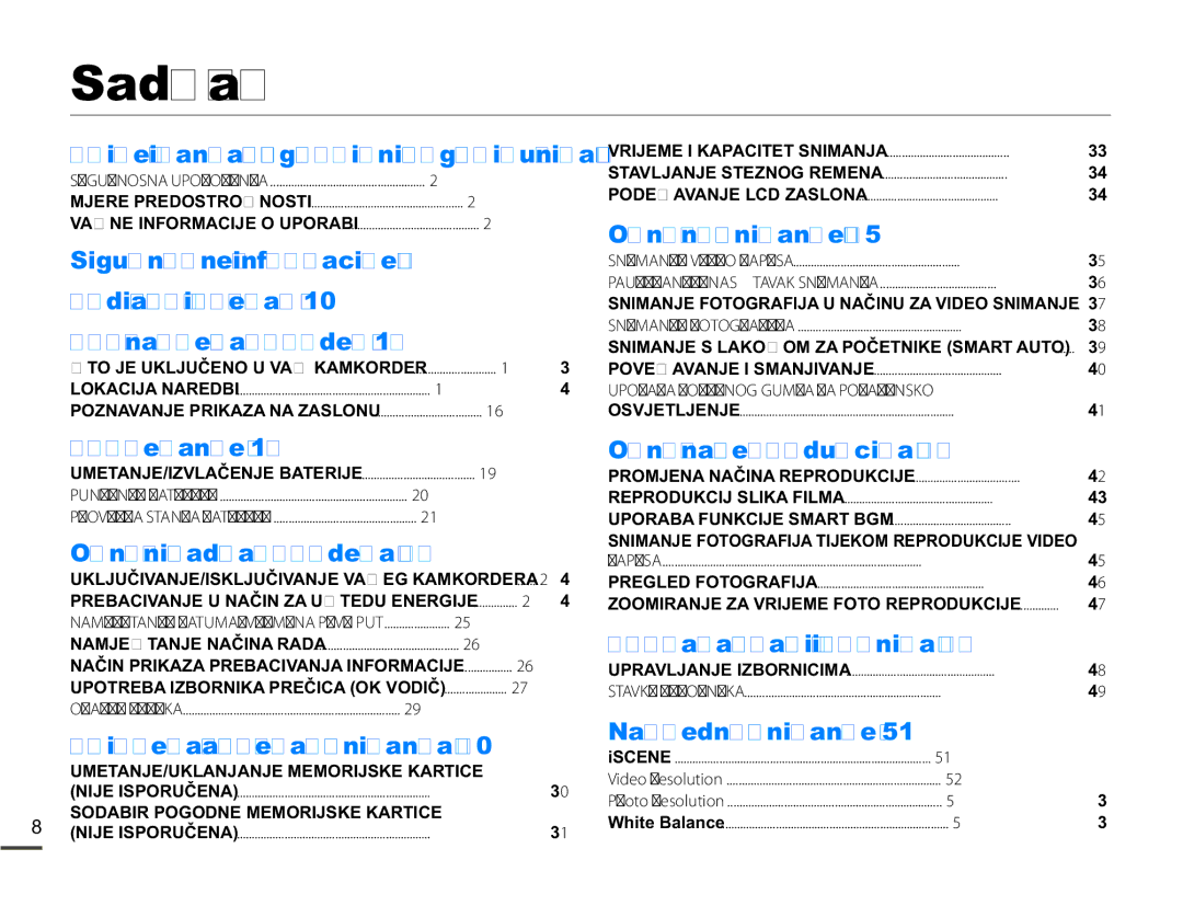 Samsung SMX-F70BP/EDC manual Sadržaj, Uporaba Dodirnog Gumba ZA Pozadinsko 