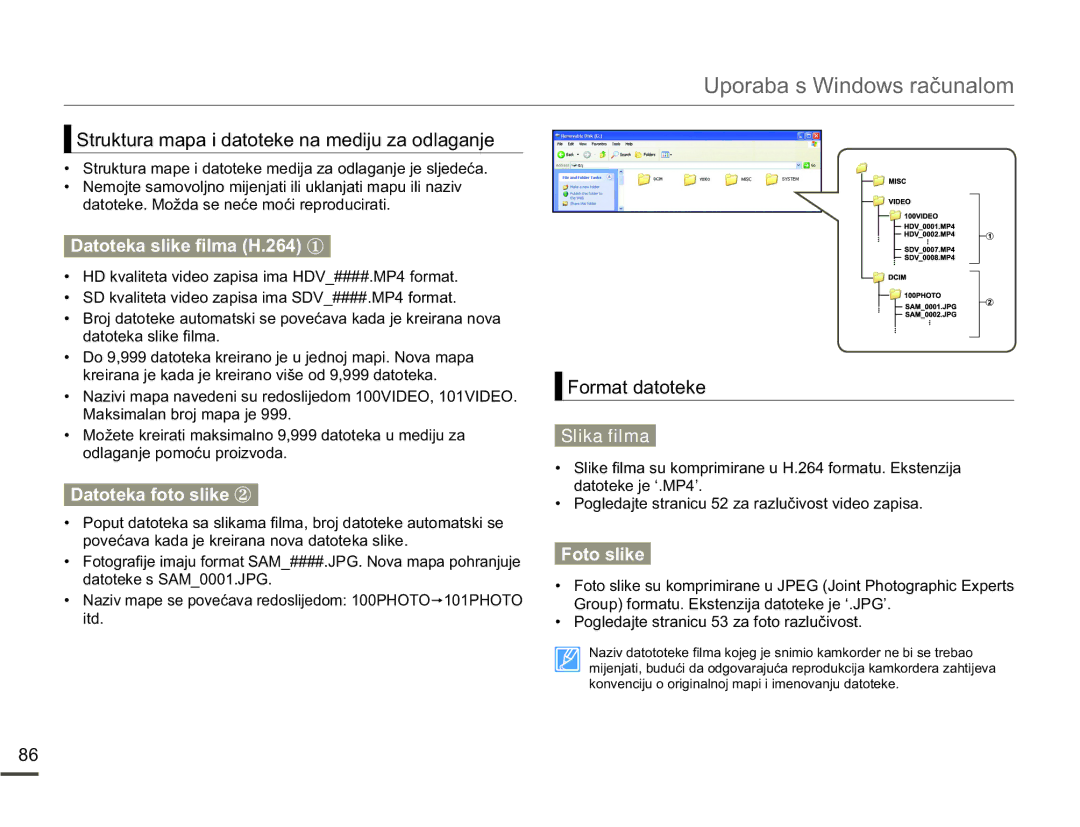 Samsung SMX-F70BP/EDC manual Struktura mapa i datoteke na mediju za odlaganje, Format datoteke, GdwrwhndVolnh¿Opd 