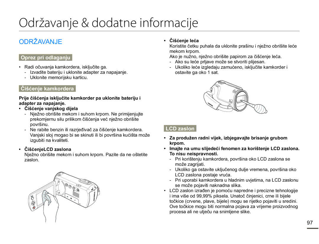 Samsung SMX-F70BP/EDC manual Održavanje & dodatne informacije, 25ä$9$1, ÝLãüHQMHYDQMVNRJGLMHOD, ÝLãüHQMH/&DVORQD 