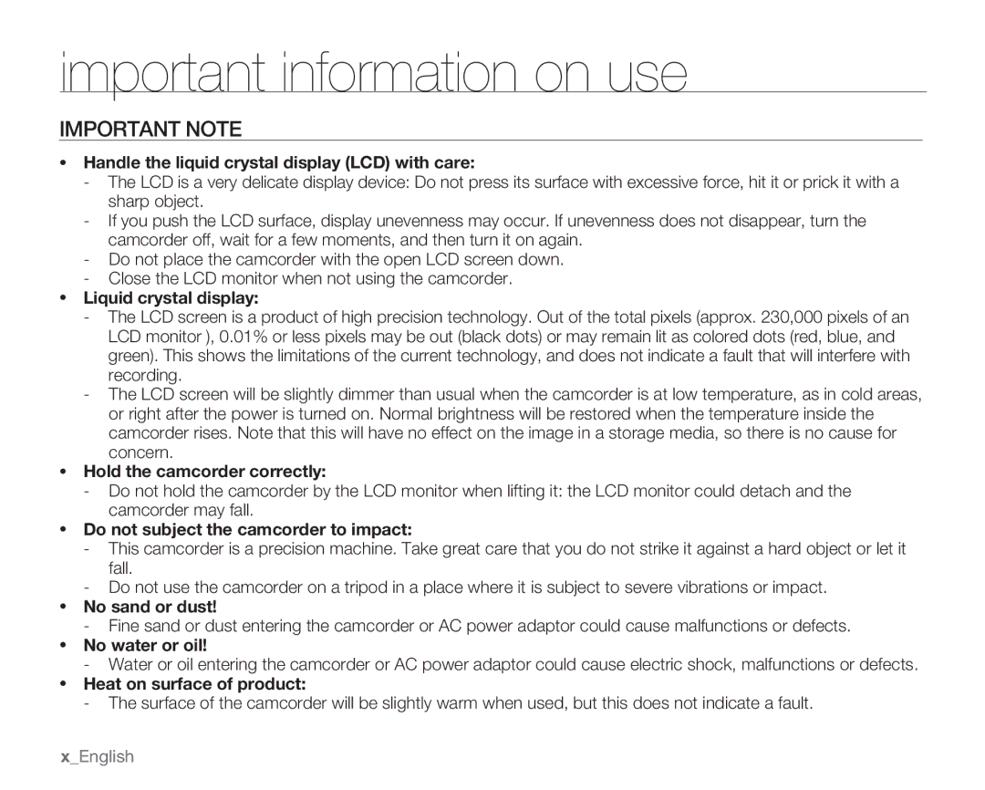 Samsung SMX-K400BN, SMX-K400SN, SMX-K400LN user manual Important information on use, Important Note 