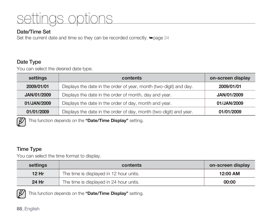 Samsung SMX-K400SN, SMX-K400BN, SMX-K400LN user manual Date/Time Set, Date Type, Time Type 