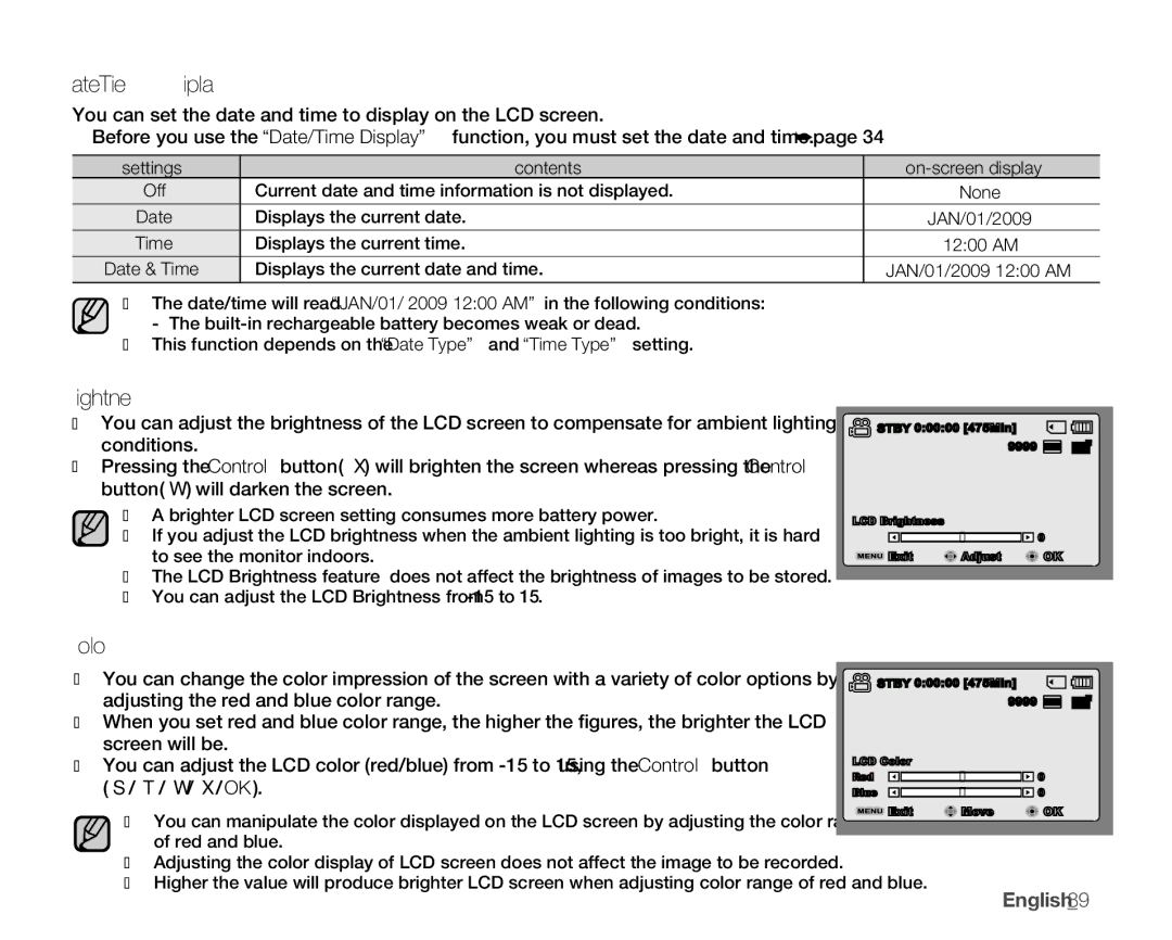 Samsung SMX-K400BN, SMX-K400SN, SMX-K400LN user manual Date/Time Display, LCD Brightness, LCD Color, English89 