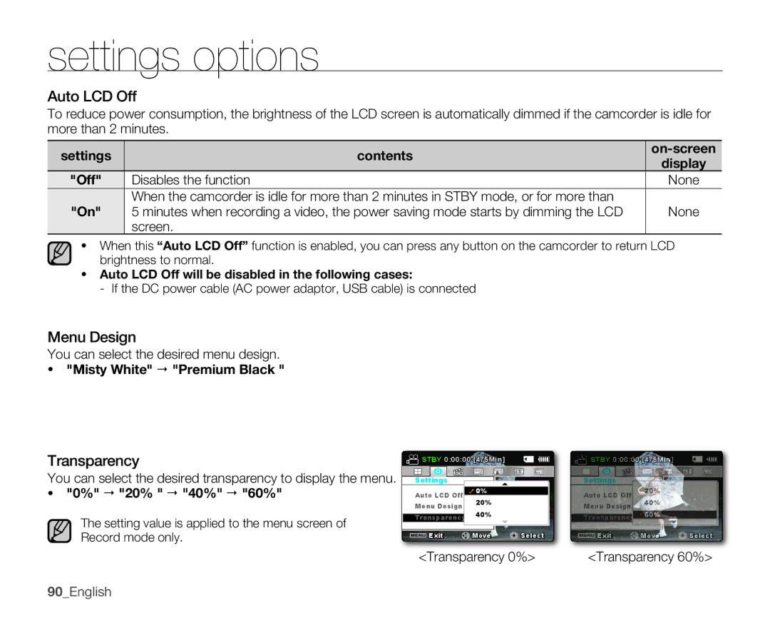 Samsung SMX-K400LN, SMX-K400SN Auto LCD Off, Menu Design, Transparency, MistyWhitePremiumBlack, 20%40%60% 