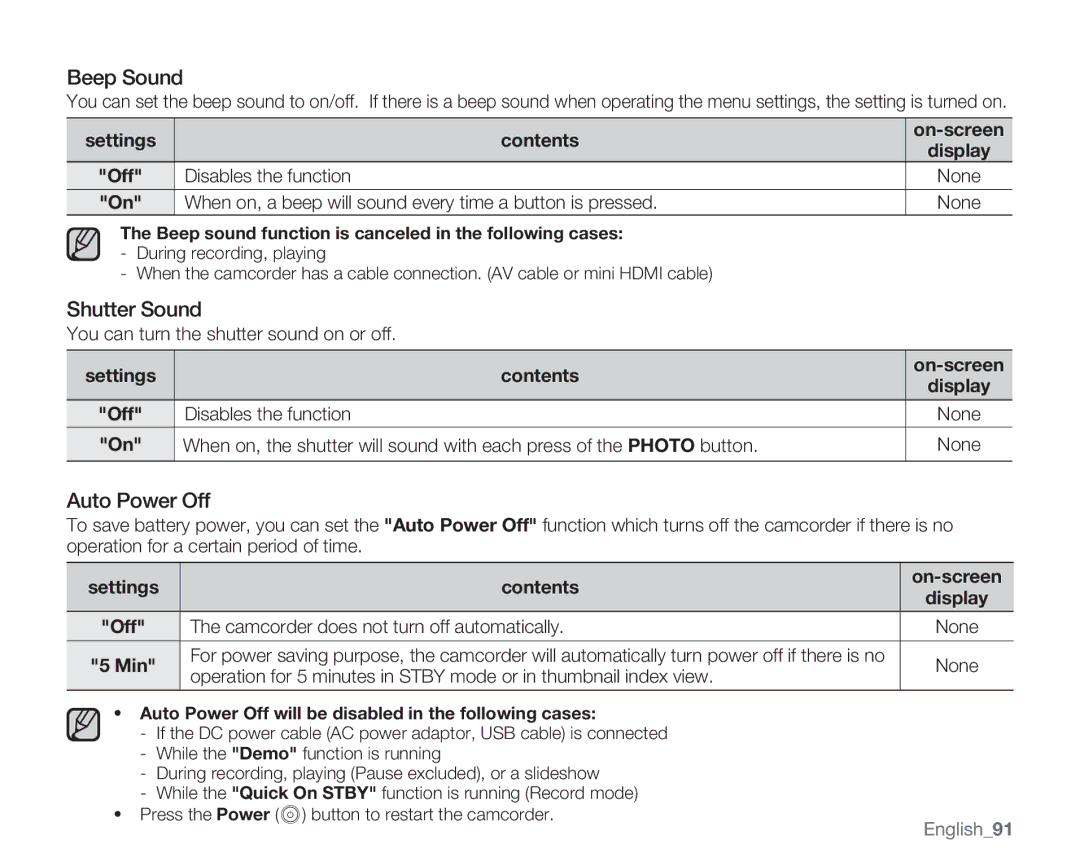 Samsung SMX-K400SN, SMX-K400BN, SMX-K400LN user manual Beep Sound, Shutter Sound, Auto Power Off, Settings Contents On-screen 