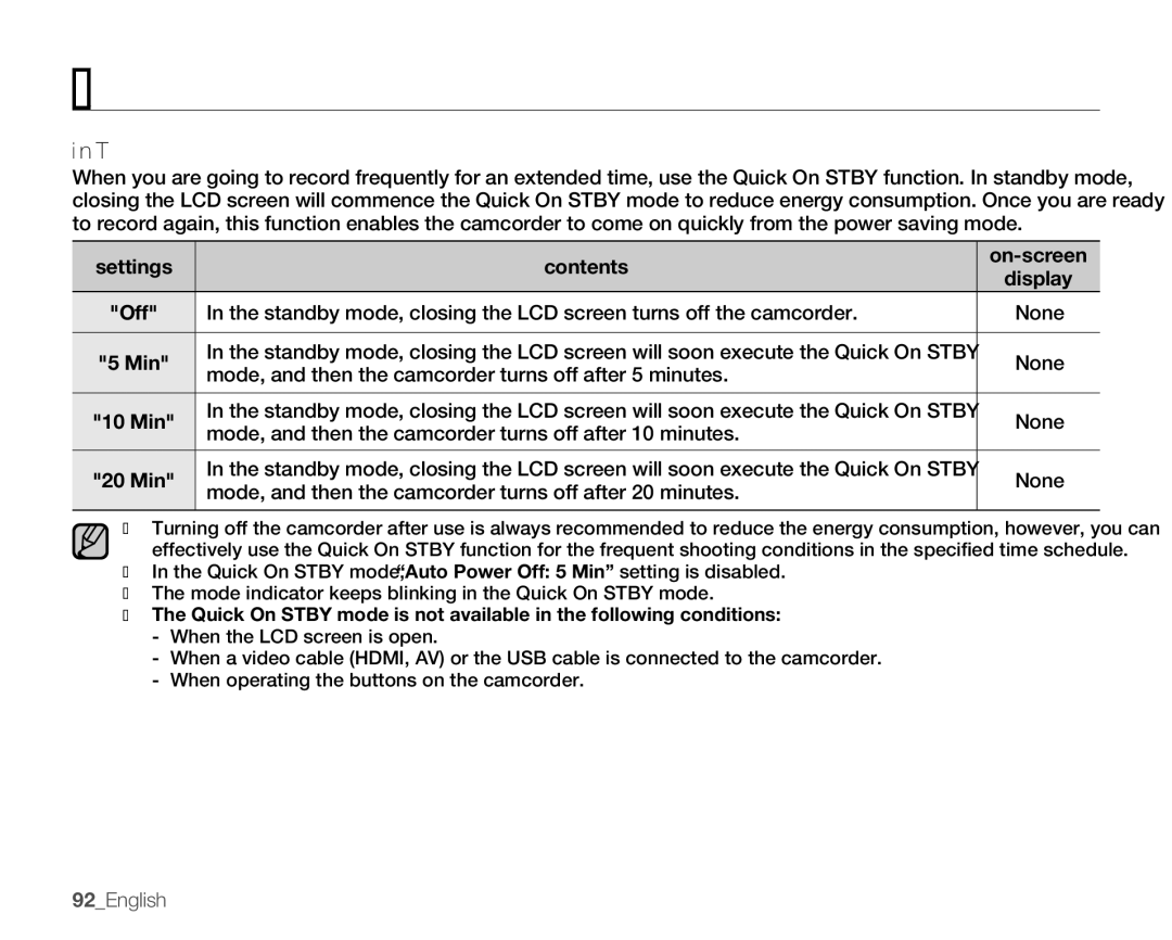 Samsung SMX-K400BN, SMX-K400SN, SMX-K400LN user manual Quick On Stby, 92English, 10 Min, 20 Min 