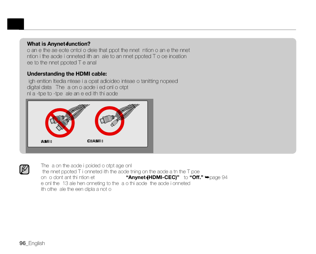 Samsung SMX-K400LN, SMX-K400SN, SMX-K400BN user manual WhatisAnynet+function? UnderstandingtheHDMIcable, 96English 