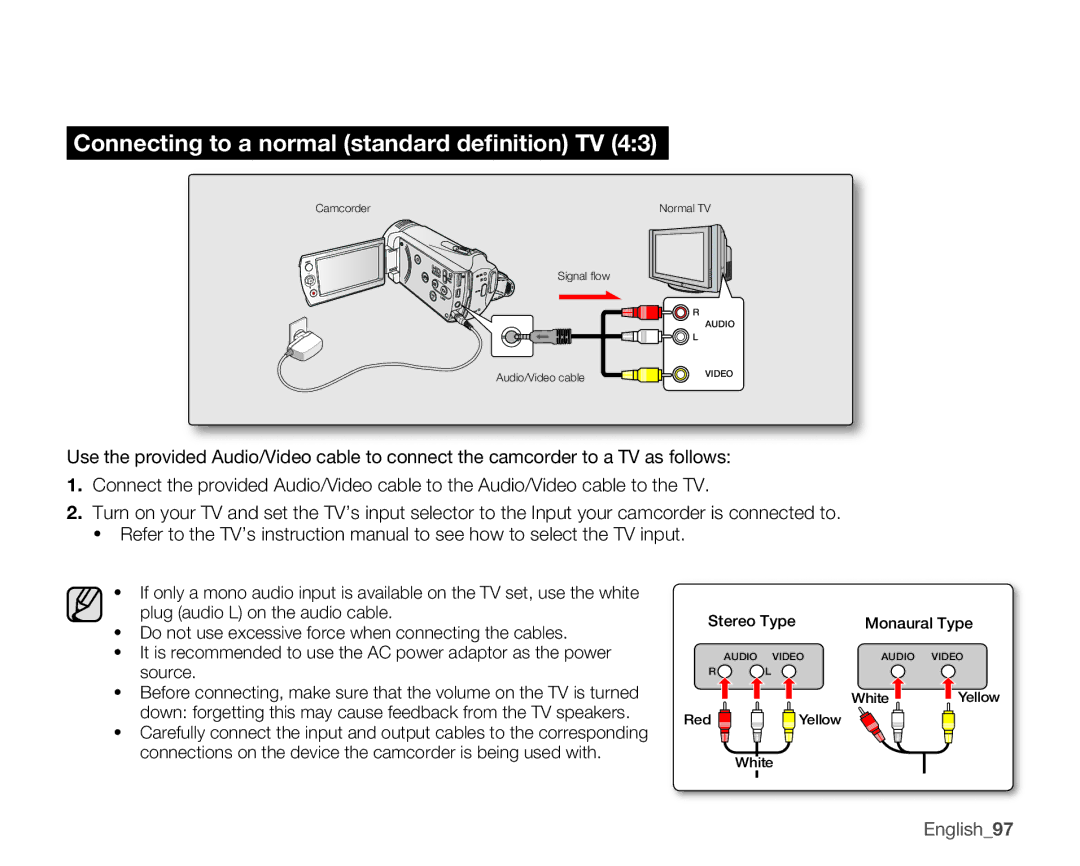 Samsung SMX-K400SN, SMX-K400BN, SMX-K400LN user manual ConnectingtoanormalstandarddefinitionTV43, English97 