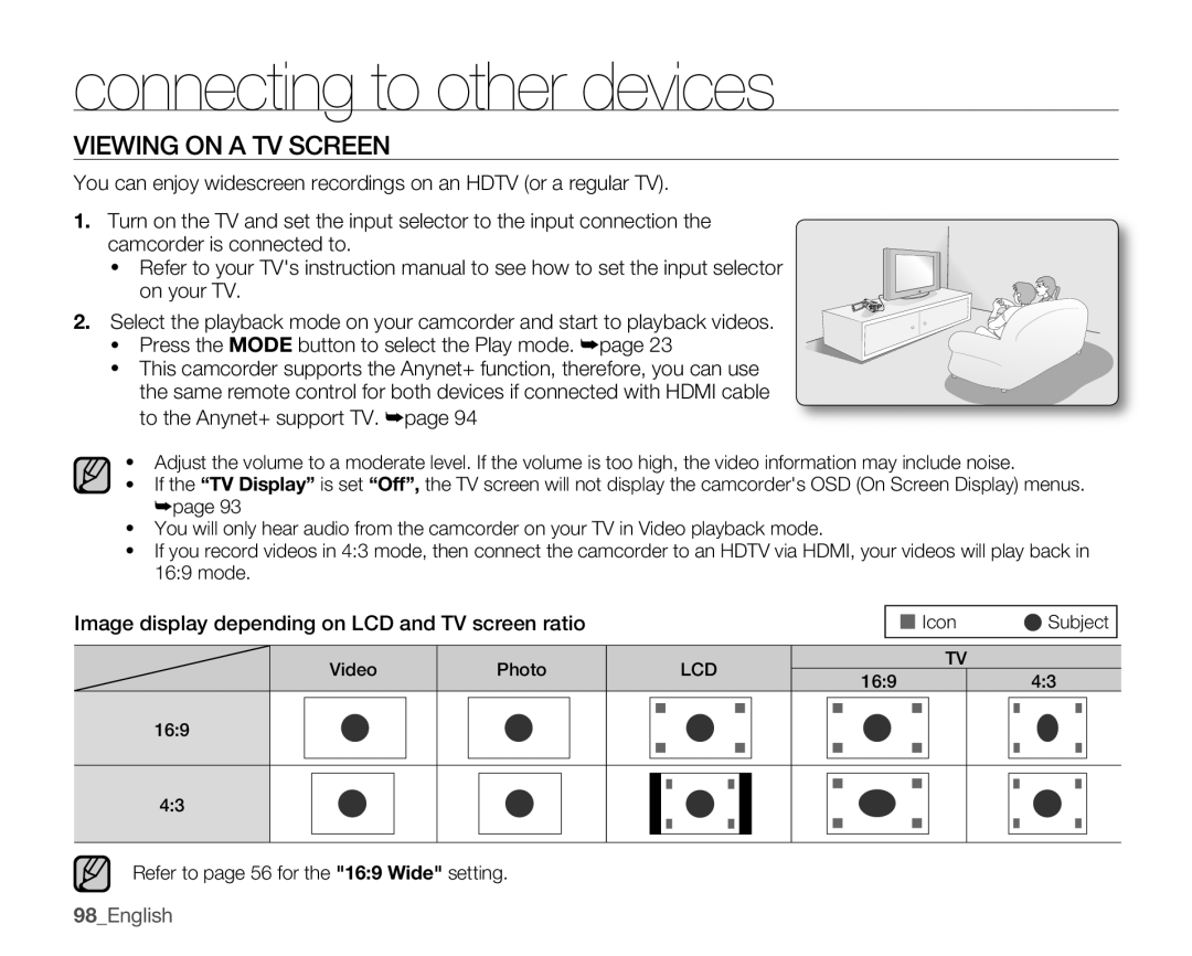 Samsung SMX-K400BN Viewing on a TV Screen, To the Anynet+ support TV, Image display depending on LCD and TV screen ratio 