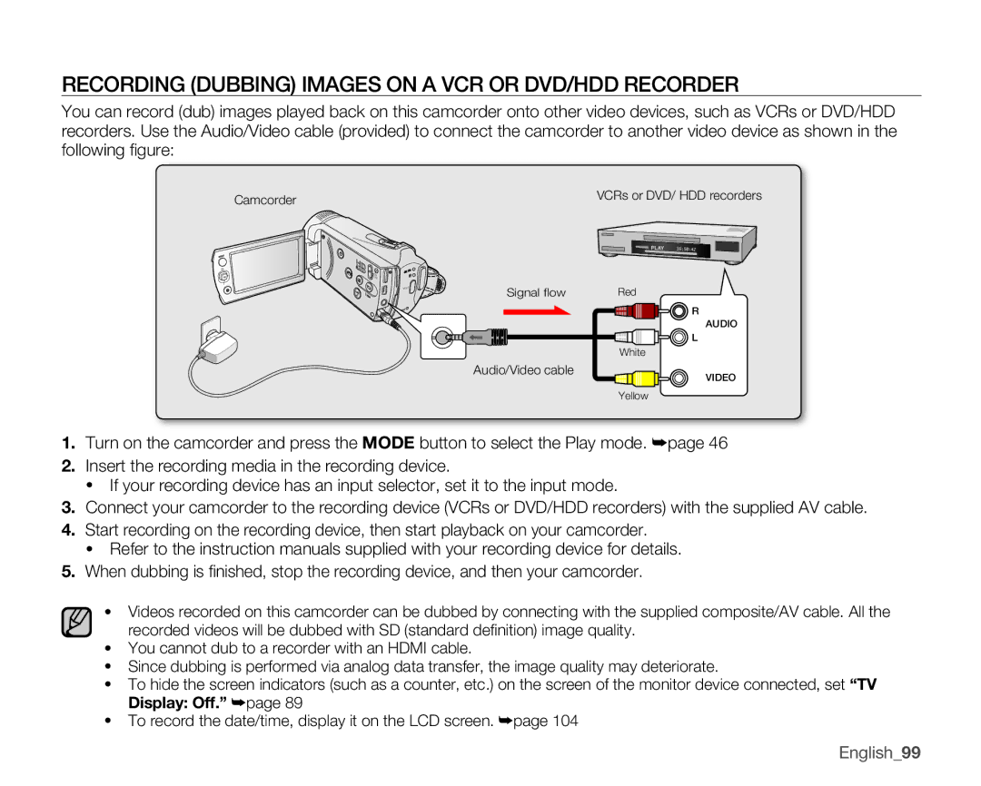 Samsung SMX-K400LN, SMX-K400SN, SMX-K400BN user manual Recording Dubbing Images on a VCR or DVD/HDD Recorder, English99 