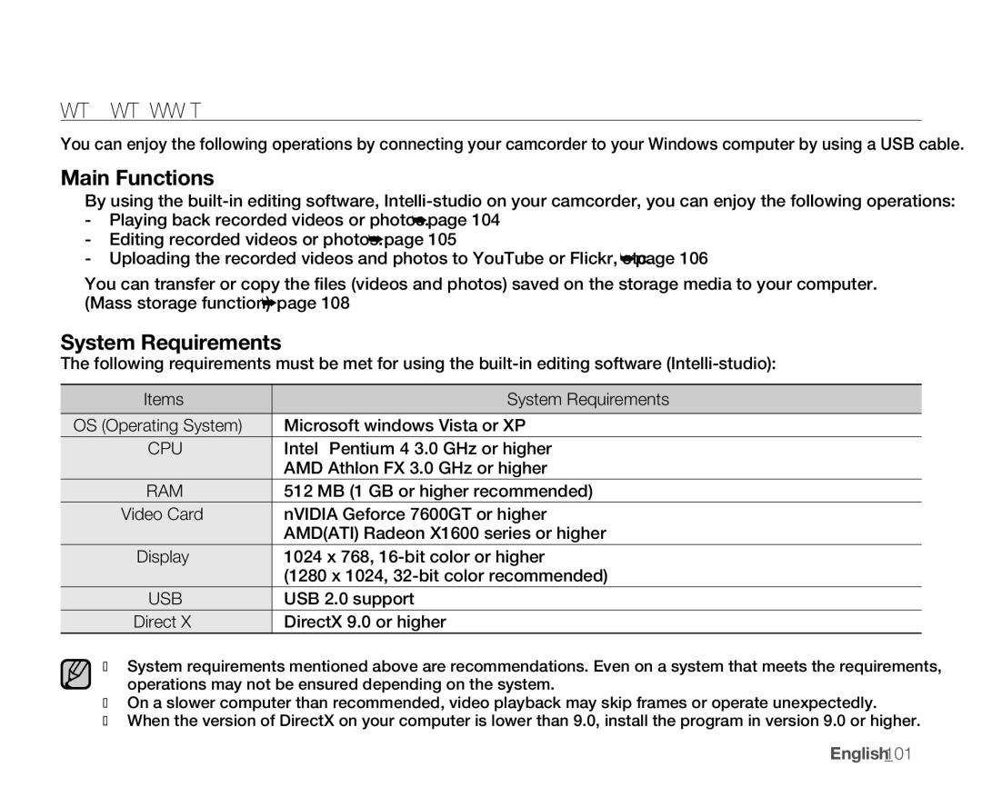 Samsung SMX-K400BN What YOU can do with a Windows Computer, Main Functions, Items System Requirements, English101 