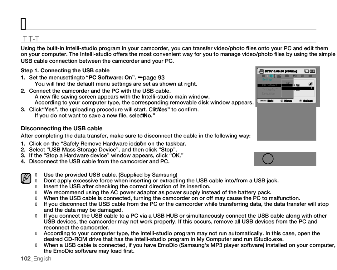 Samsung SMX-K400LN, SMX-K400SN, SMX-K400BN Using the INTELLI-STUDIO Program, DisconnectingtheUSBcable, 102English 