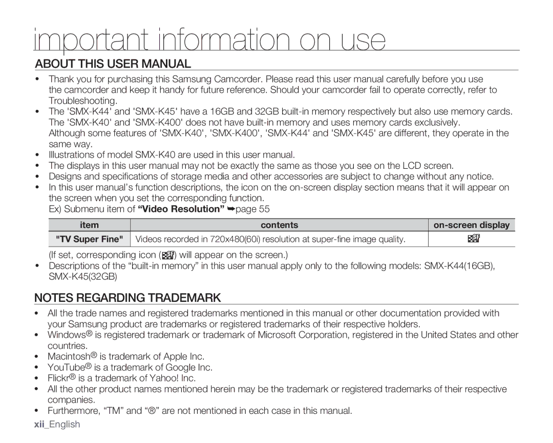 Samsung SMX-K400SN, SMX-K400BN, SMX-K400LN user manual XiiEnglish, Contents 