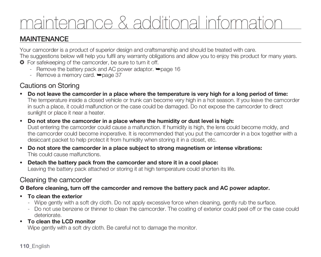 Samsung SMX-K400BN Maintenance & additional information, Cleaning the camcorder, To clean the LCD monitor, 110English 