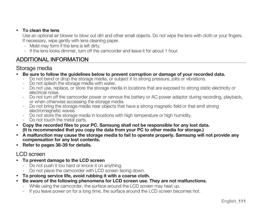 Samsung SMX-K400LN, SMX-K400SN, SMX-K400BN user manual Additional Information, Storage media, LCD screen, To clean the lens 