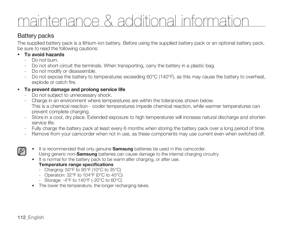 Samsung SMX-K400SN, SMX-K400BN Battery packs, To avoid hazards, To prevent damage and prolong service life, 112English 