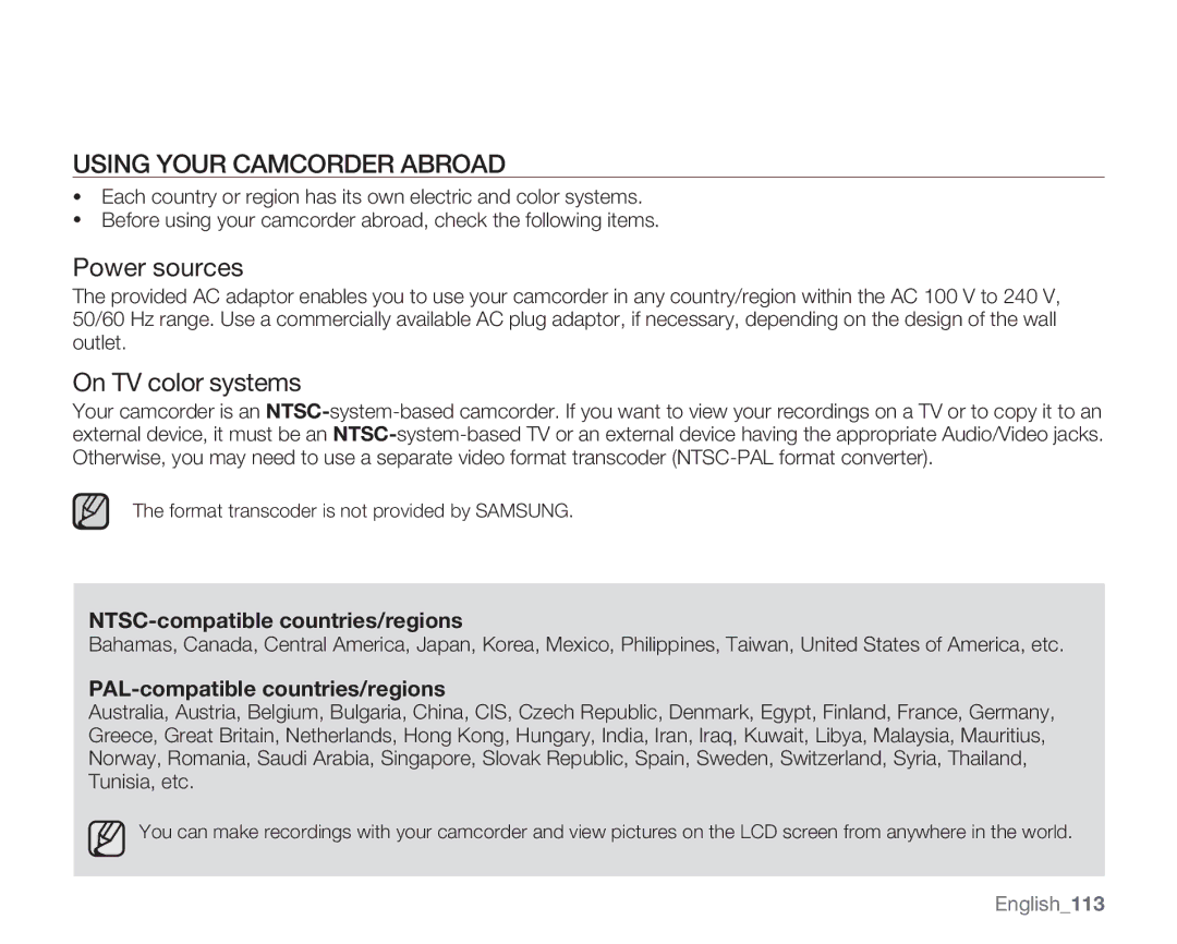 Samsung SMX-K400BN Using Your camcorder Abroad, Power sources, On TV color systems, NTSC-compatible countries/regions 