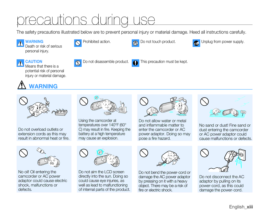 Samsung SMX-K400BN, SMX-K400SN, SMX-K400LN user manual Precautions during use, Englishxiii 