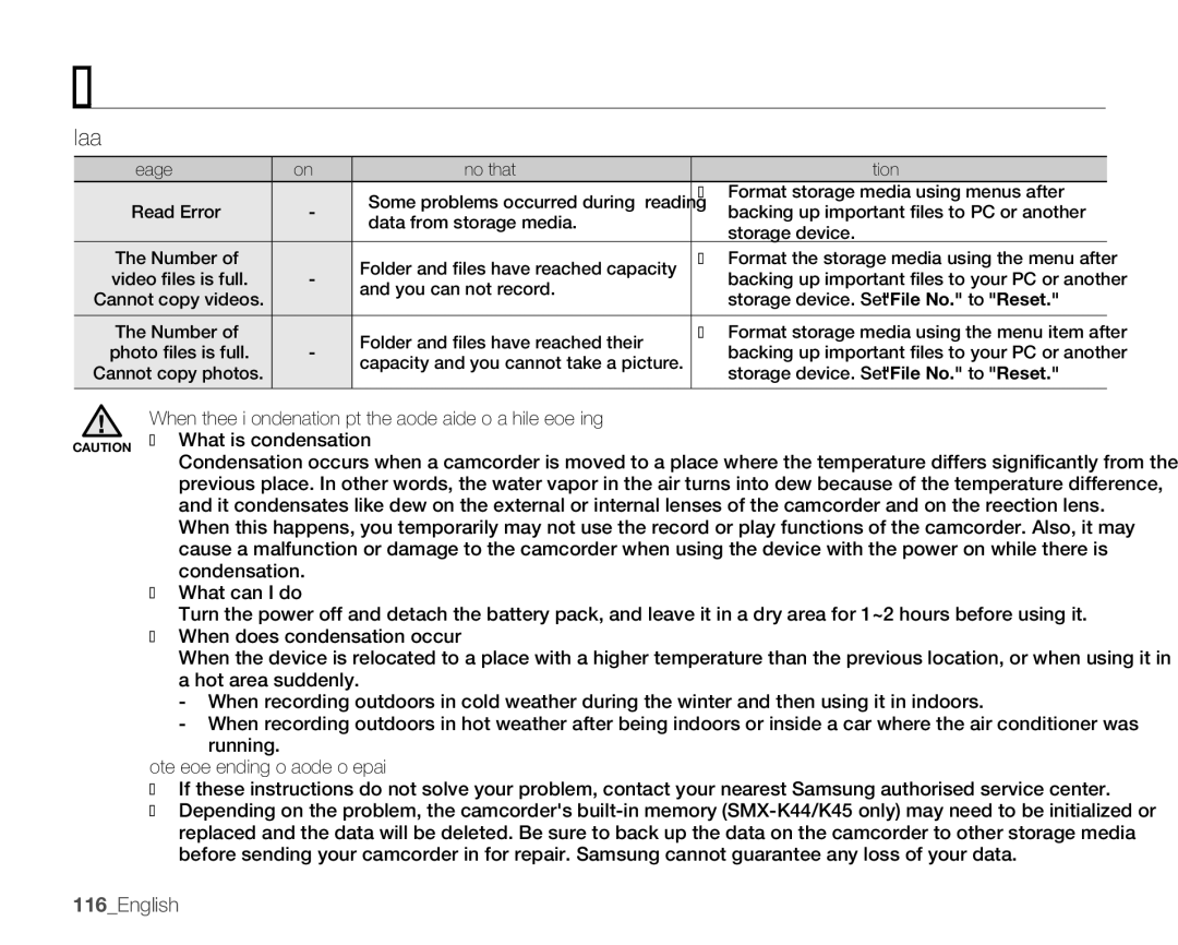 Samsung SMX-K400BN, SMX-K400SN, SMX-K400LN user manual Playback, 116English, What is condensation? 