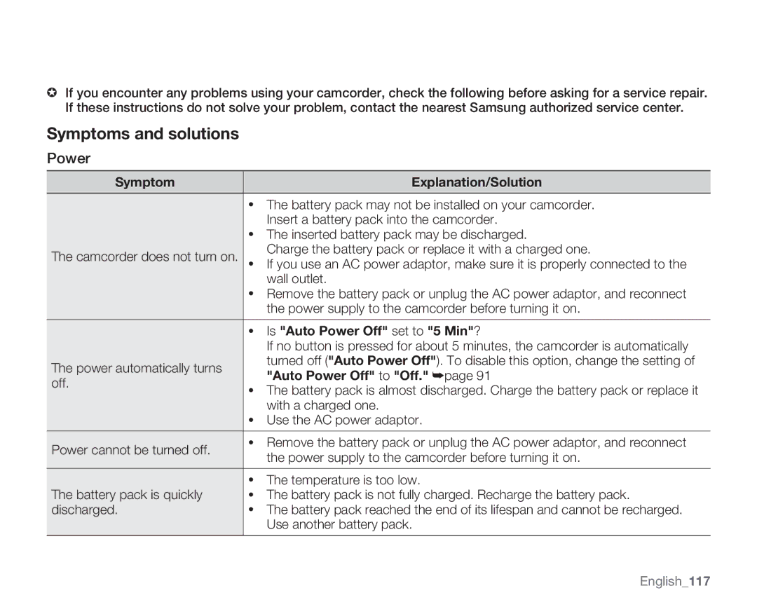 Samsung SMX-K400LN Symptom Explanation/Solution, Is Auto Power Off set to 5 Min?, Auto Power Off to Off, English117 