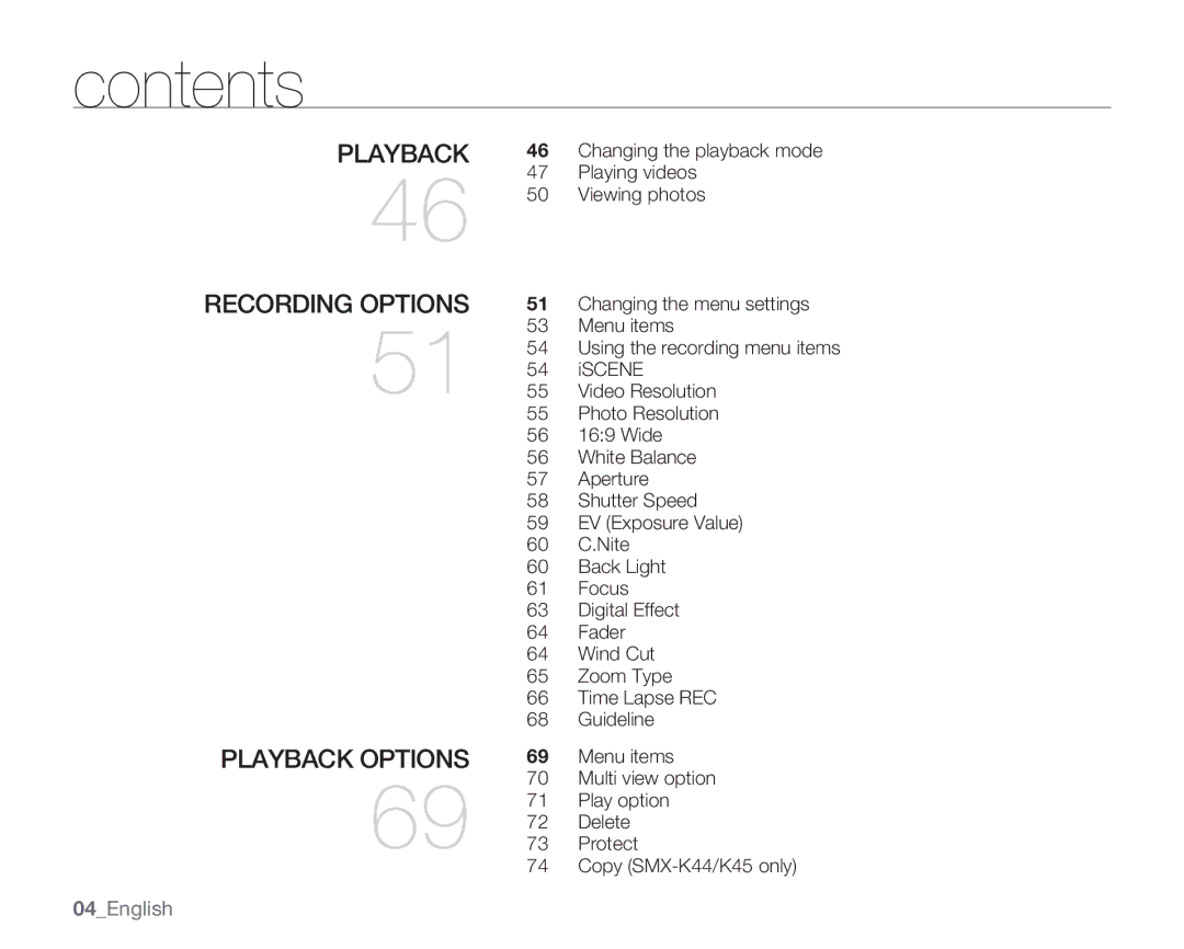 Samsung SMX-K400SN, SMX-K400BN, SMX-K400LN user manual Playback Recording options Playback options, English 