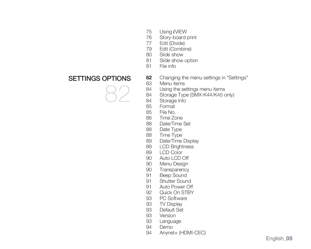 Samsung SMX-K400BN, SMX-K400SN, SMX-K400LN user manual SETTINGs Options 