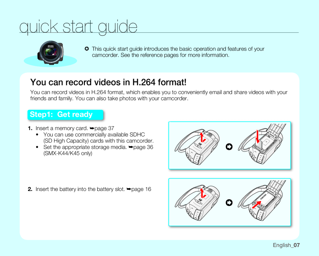 Samsung SMX-K400SN, SMX-K400BN, SMX-K400LN user manual Quick start guide, Insert a memory card, English07 