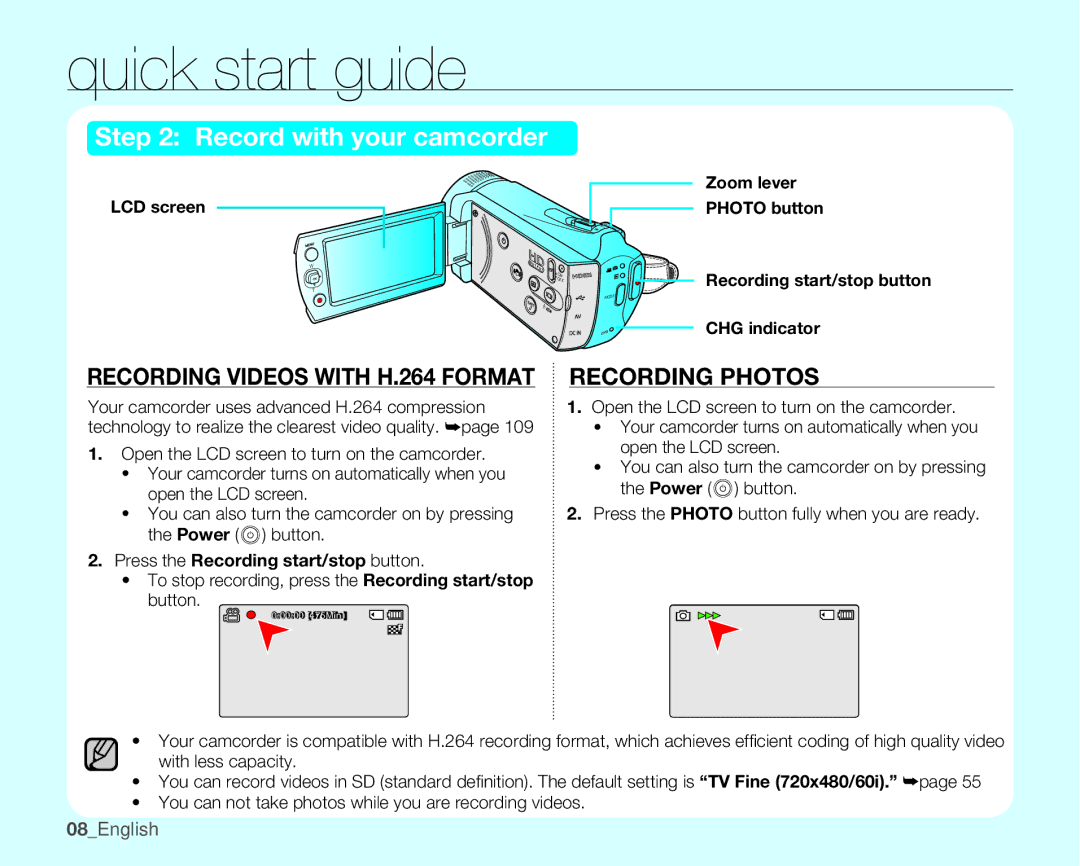 Samsung SMX-K400BN, SMX-K400SN, SMX-K400LN user manual 08English, LCD screen, Press the Recording start/stop button 