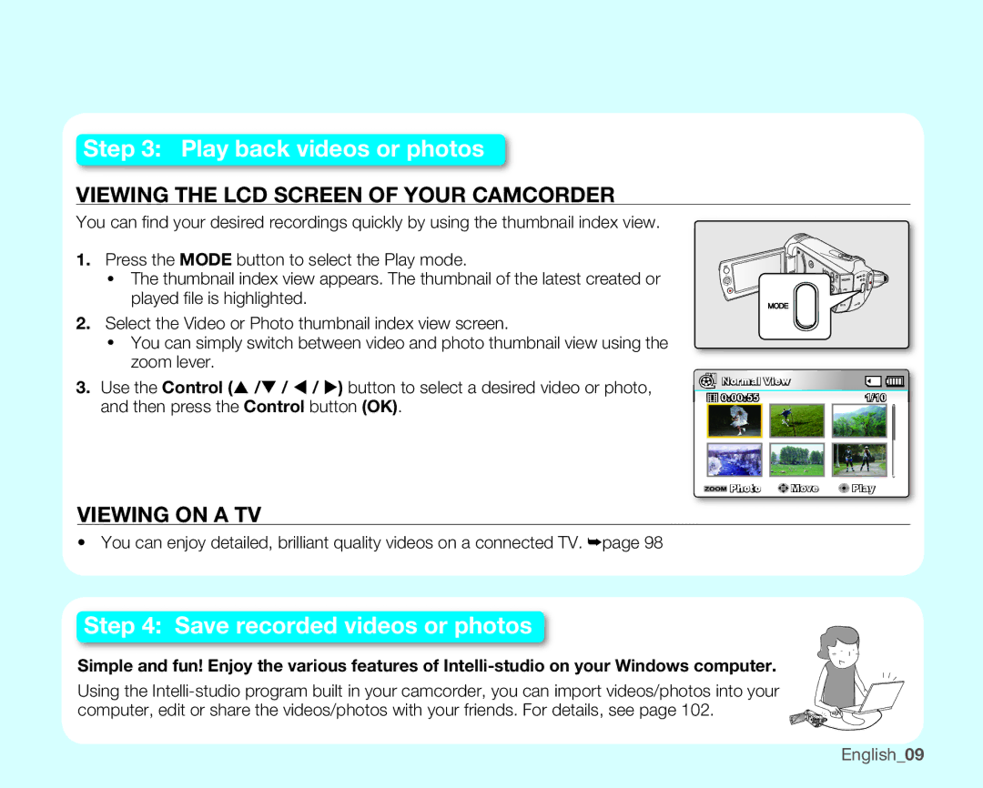 Samsung SMX-K400LN, SMX-K400SN, SMX-K400BN user manual Play back videos or photos, English09 