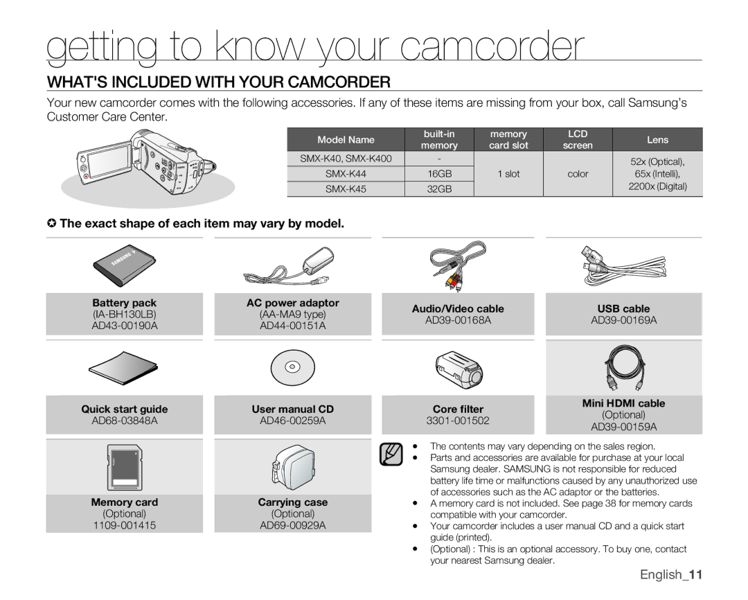 Samsung SMX-K400BN, SMX-K400SN, SMX-K400LN Getting to know your camcorder, Whats Included with Your camcorder, English11 