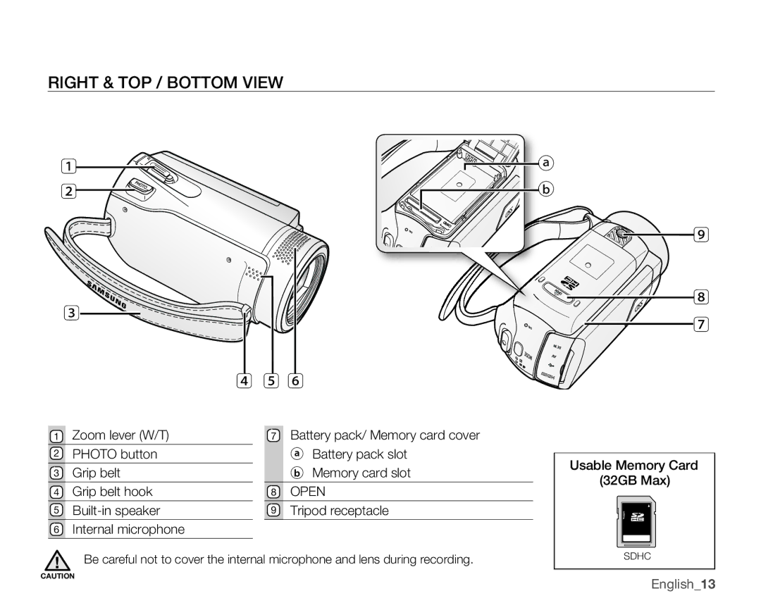 Samsung SMX-K400SN, SMX-K400BN, SMX-K400LN user manual Right & TOP / Bottom View, English13 