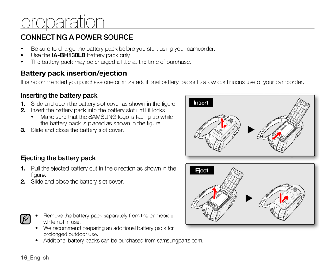 Samsung SMX-K400SN, SMX-K400BN Connecting a Power Source, Inserting the battery pack, Ejecting the battery pack, 16English 