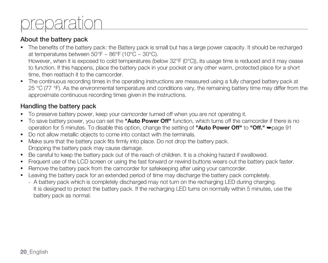 Samsung SMX-K400BN, SMX-K400SN, SMX-K400LN user manual About the battery pack, Handling the battery pack, 20English 