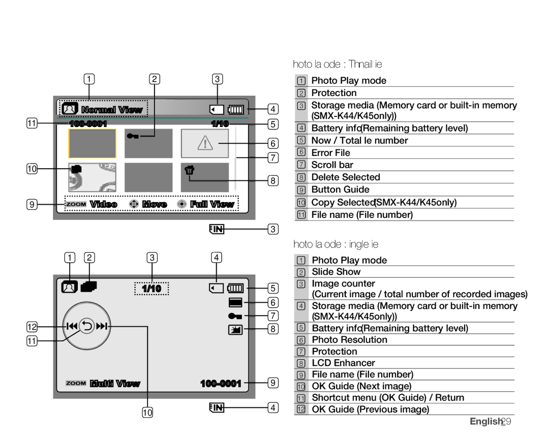 Samsung SMX-K400BN, SMX-K400SN, SMX-K400LN user manual Photo Play mode Thumbnail View, Photo Play mode Single View, English29 