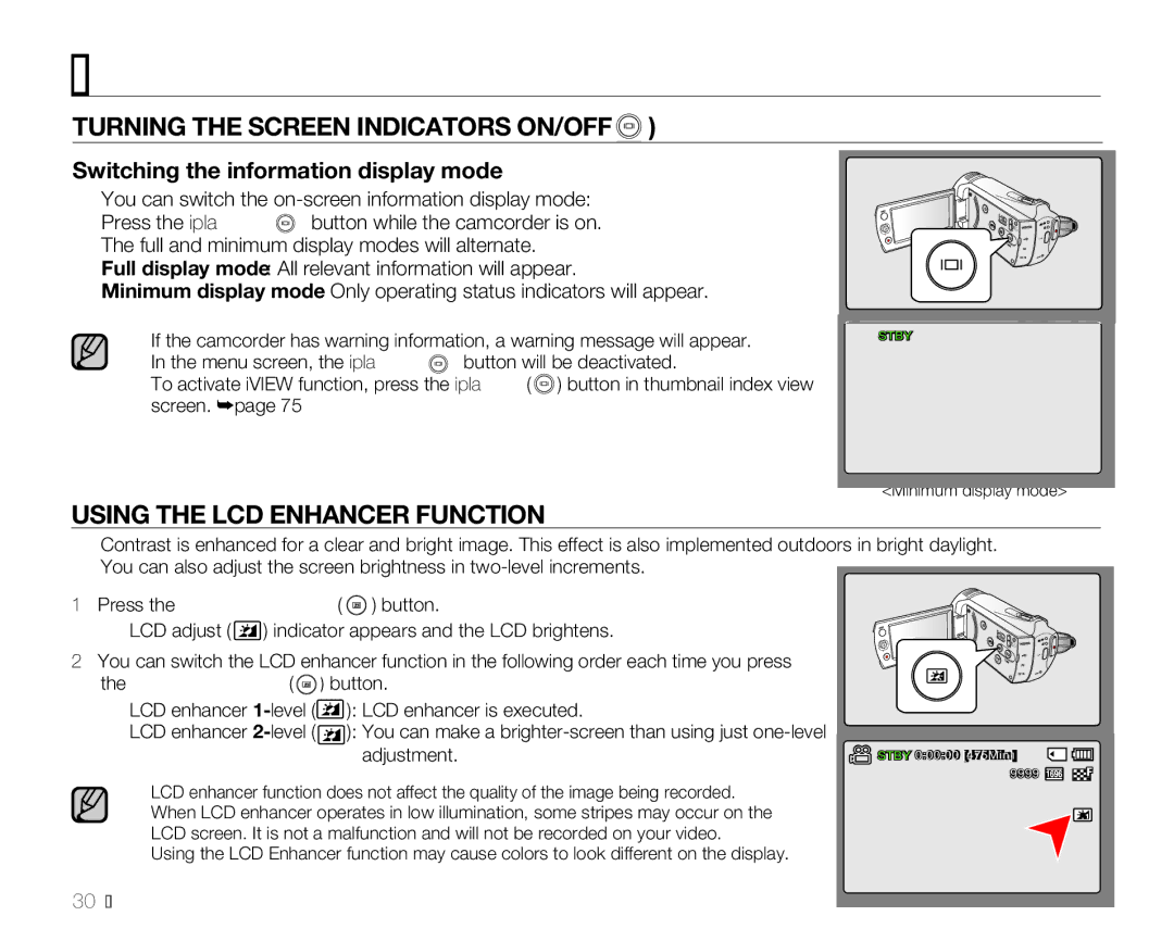 Samsung SMX-K400LN user manual Turning the Screen Indicators ON/OFF, Using the LCD Enhancer Function, 30English, Adjustment 