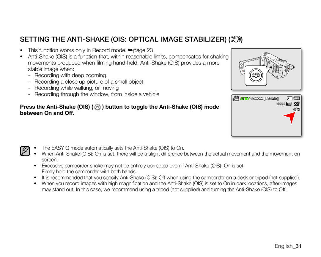 Samsung SMX-K400SN, SMX-K400BN, SMX-K400LN user manual Setting the ANTI-SHAKE OIS Optical Image Stabilizer, English31 