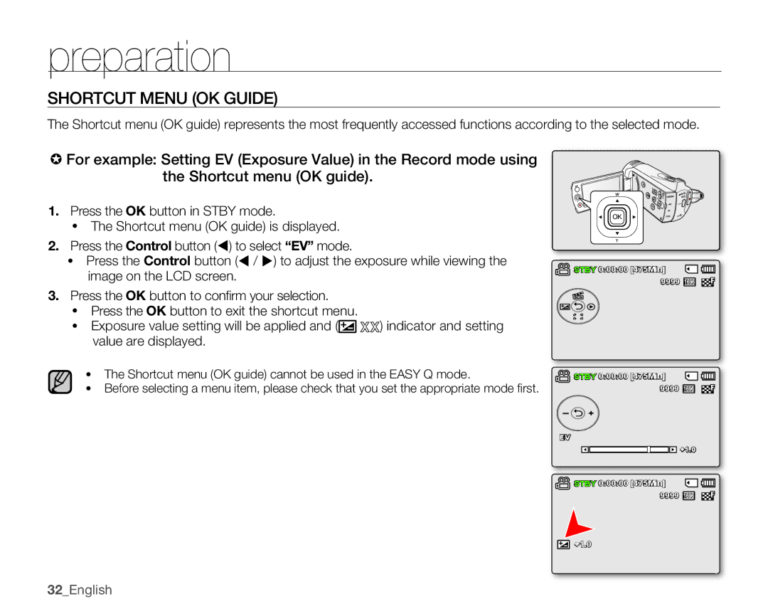 Samsung SMX-K400BN, SMX-K400SN Shortcut Menu OK Guide, 32English, Shortcut menu OK guide cannot be used in the Easy Q mode 