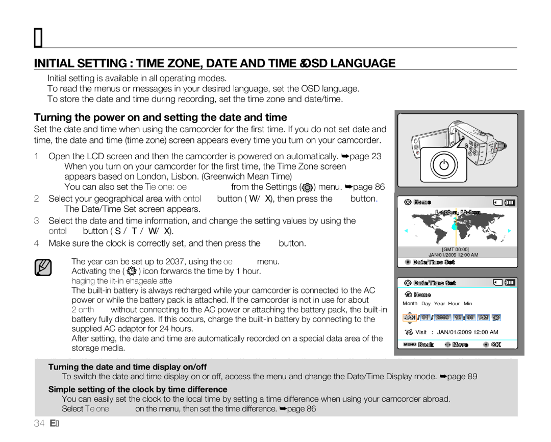 Samsung SMX-K400SN, SMX-K400BN, SMX-K400LN user manual Initial Setting Time ZONE, Date and Time & OSD Language, 34English 