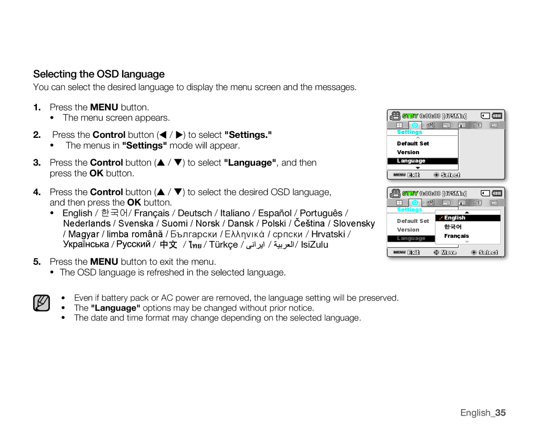 Samsung SMX-K400BN, SMX-K400SN, SMX-K400LN user manual Selecting the OSD language, English35 