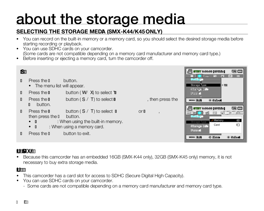 Samsung SMX-K400LN About the storage media, Selecting the Storage Media SMX-K44/K45 only, Selecting the storage media 