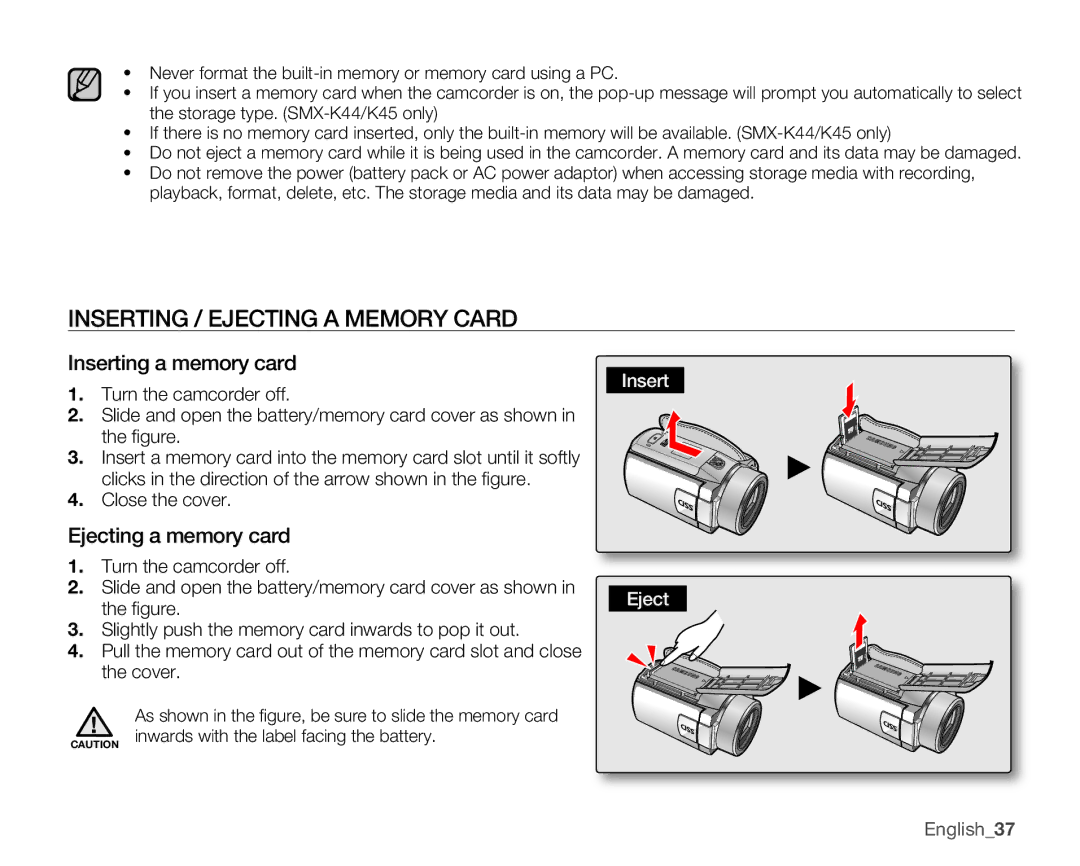 Samsung SMX-K400SN Inserting / Ejecting a Memory Card, Inserting a memory card, Ejecting a memory card, Close the cover 