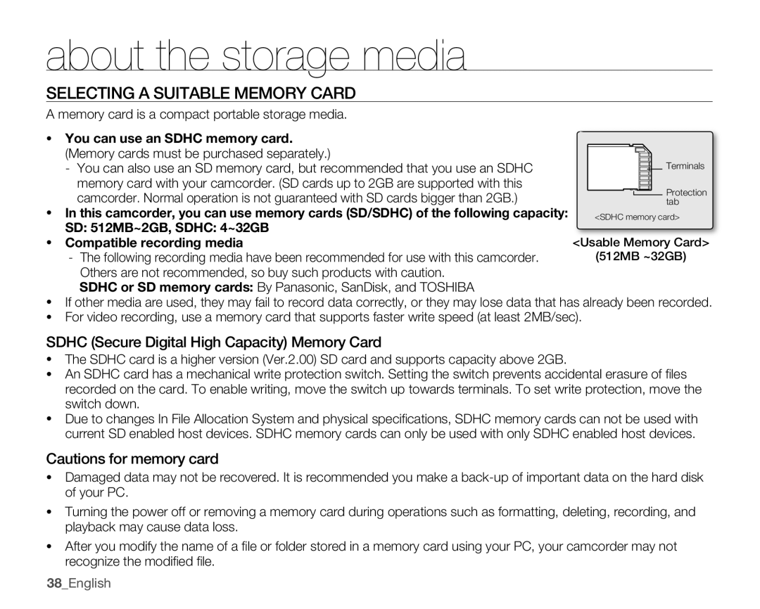 Samsung SMX-K400BN, SMX-K400SN Selecting a Suitable Memory Card, Sdhc Secure Digital High Capacity Memory Card, 38English 