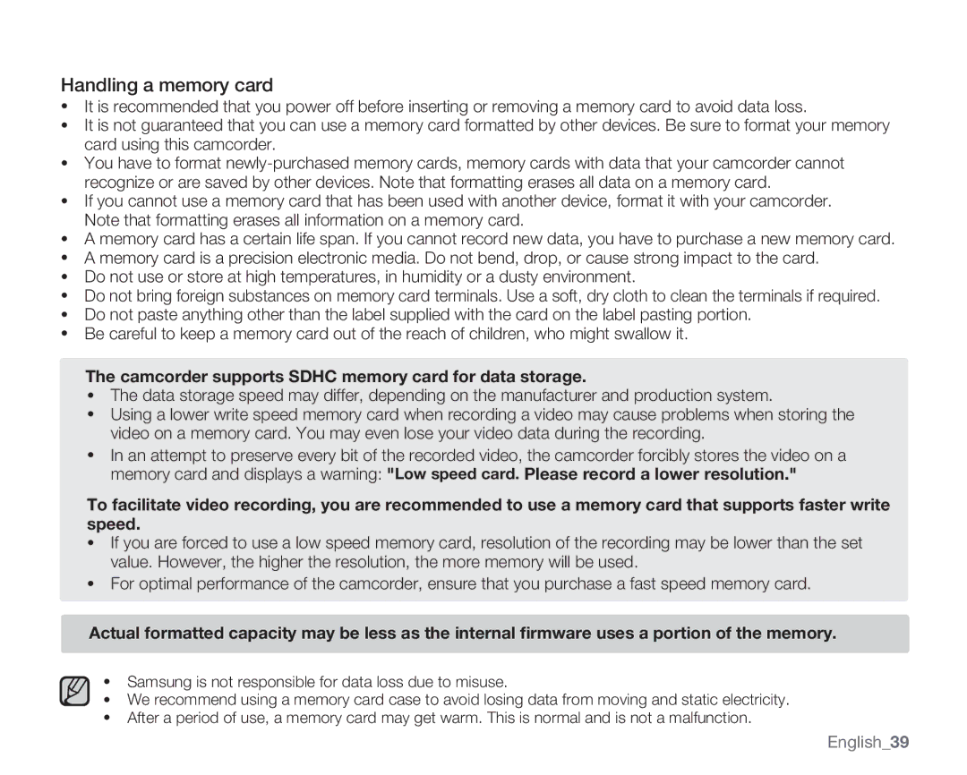 Samsung SMX-K400LN, SMX-K400SN Handling a memory card, Camcorder supports Sdhc memory card for data storage, English39 