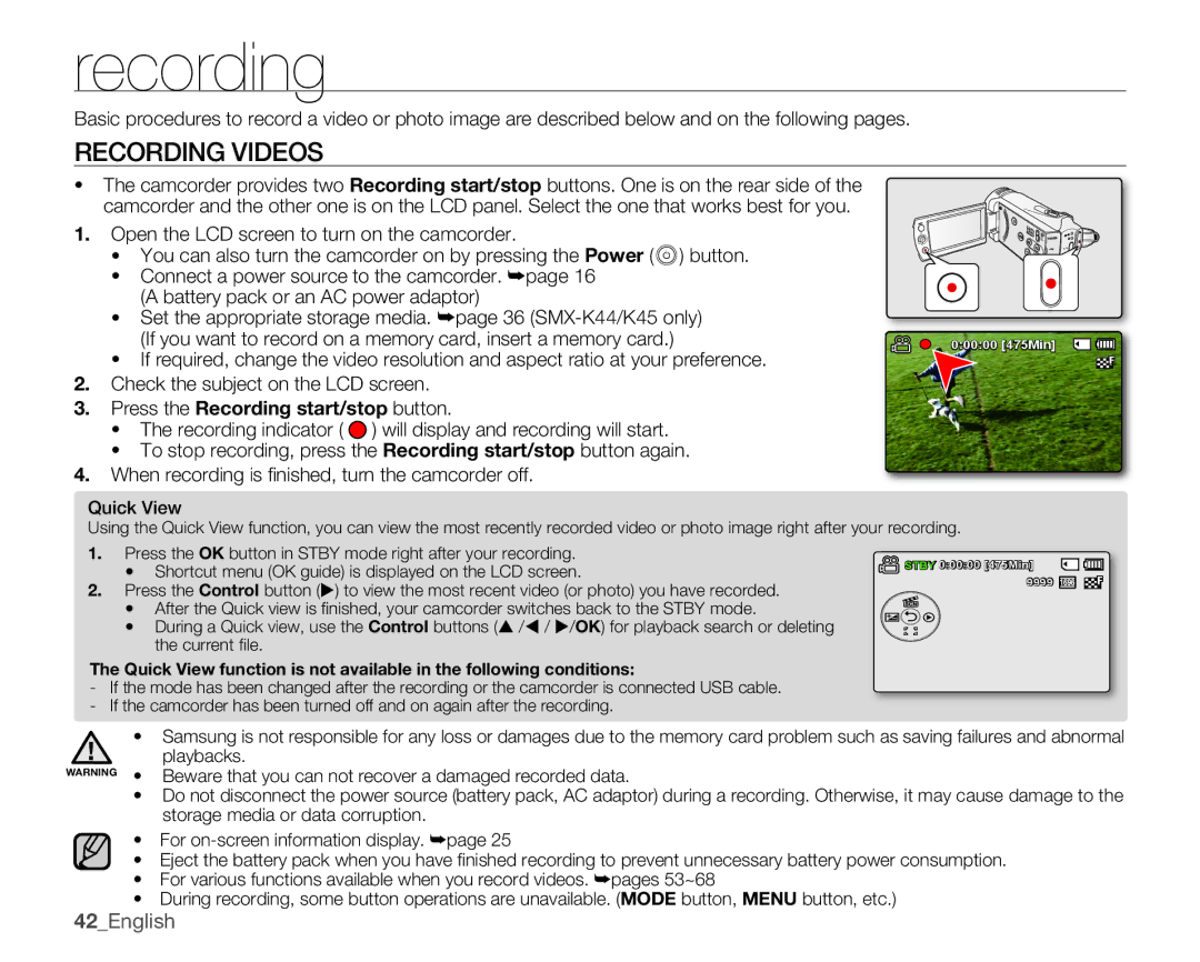 Samsung SMX-K400LN, SMX-K400SN, SMX-K400BN user manual Recording Videos, 42English 