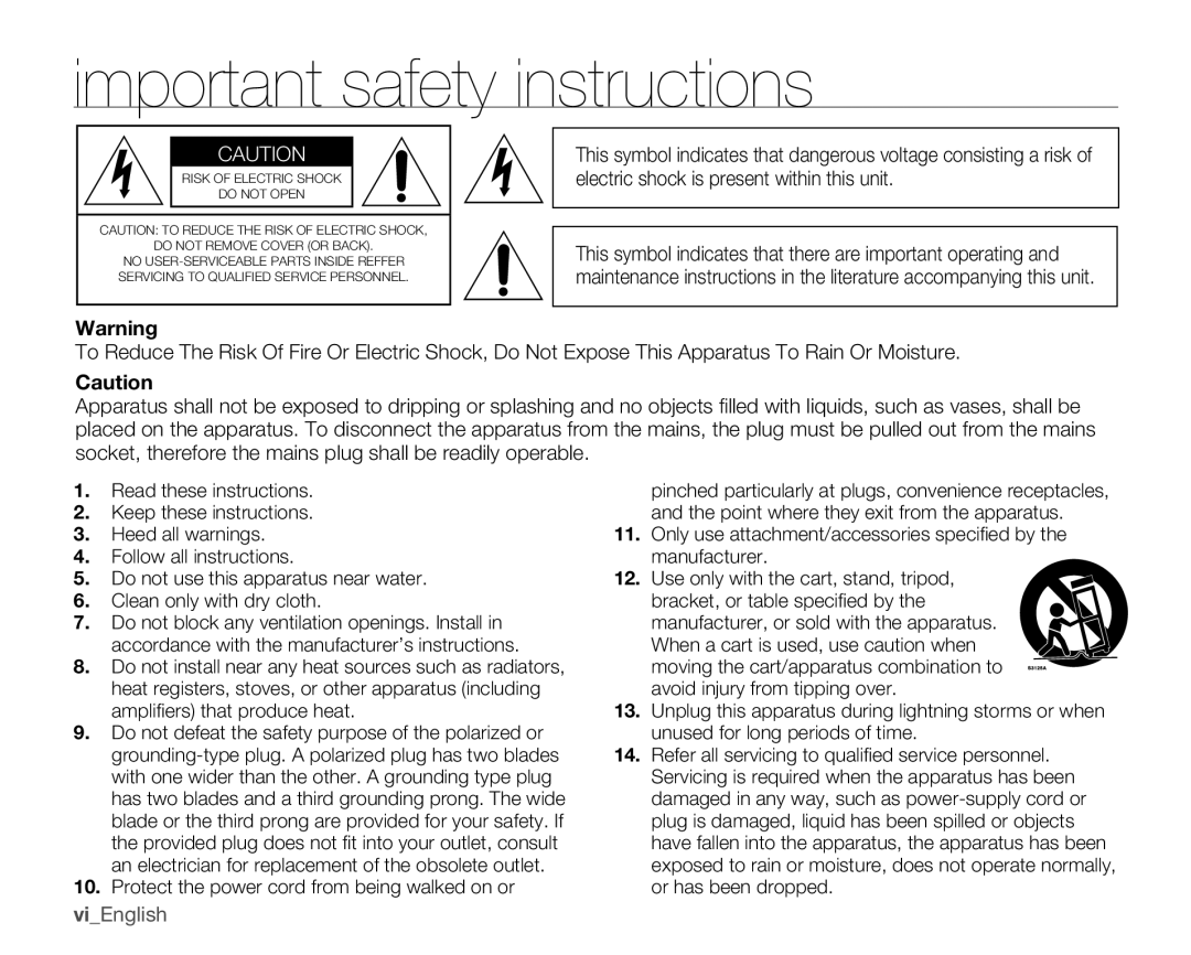 Samsung SMX-K400SN, SMX-K400BN Important safety instructions, ViEnglish, Protect the power cord from being walked on or 