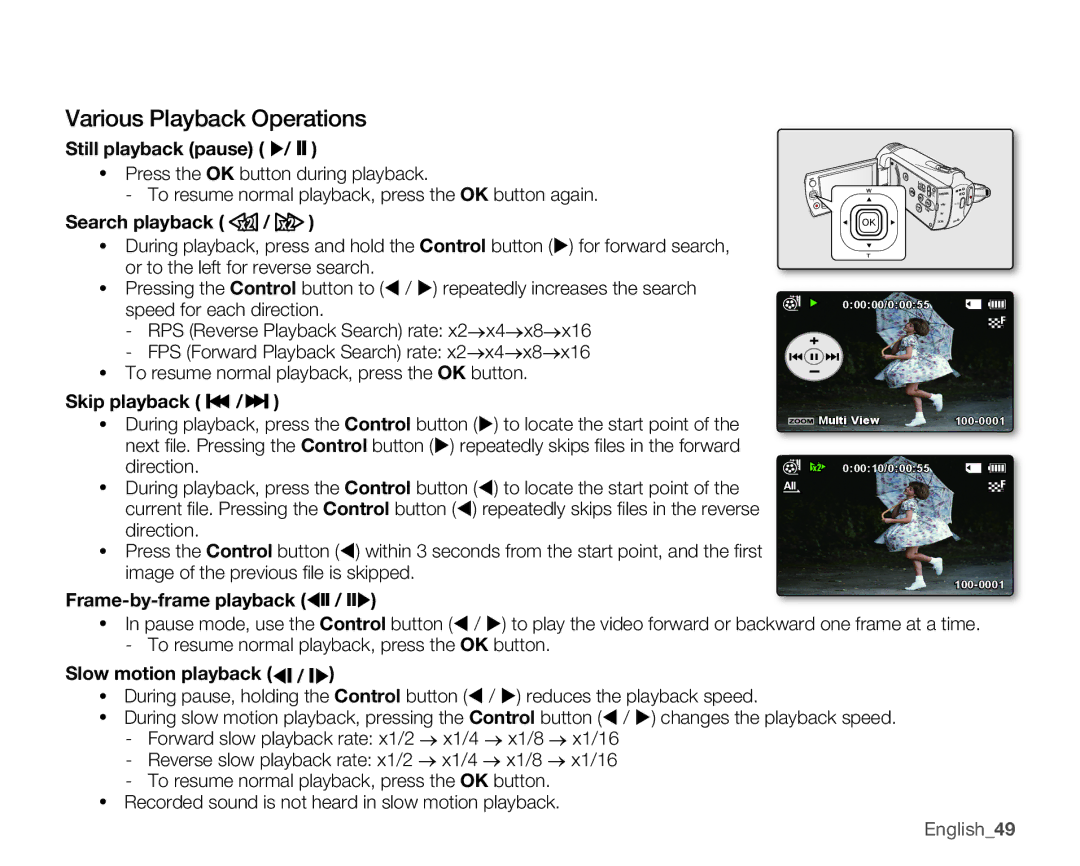 Samsung SMX-K400SN, SMX-K400BN, SMX-K400LN user manual Various Playback Operations 