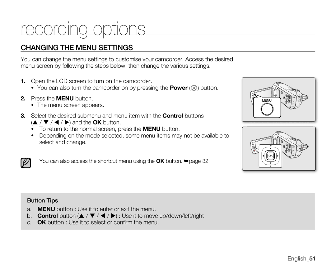 Samsung SMX-K400LN, SMX-K400SN, SMX-K400BN user manual Recording options, Changing the Menu Settings, English51 